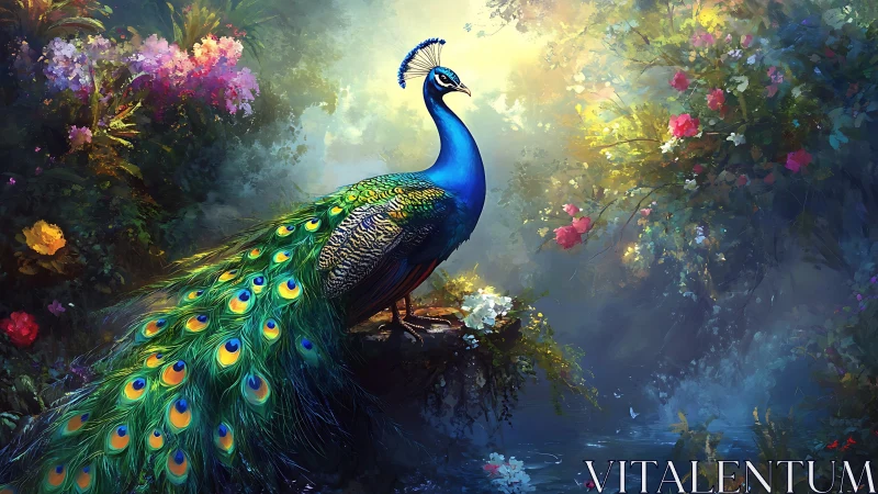 Iridescent peacock on mossy ledge in luminous floral glade