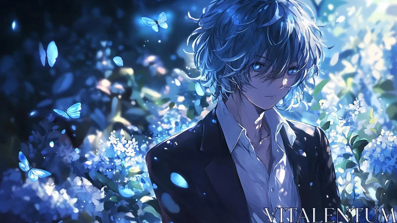 Blue haired anime boy amid luminous butterflies and florals