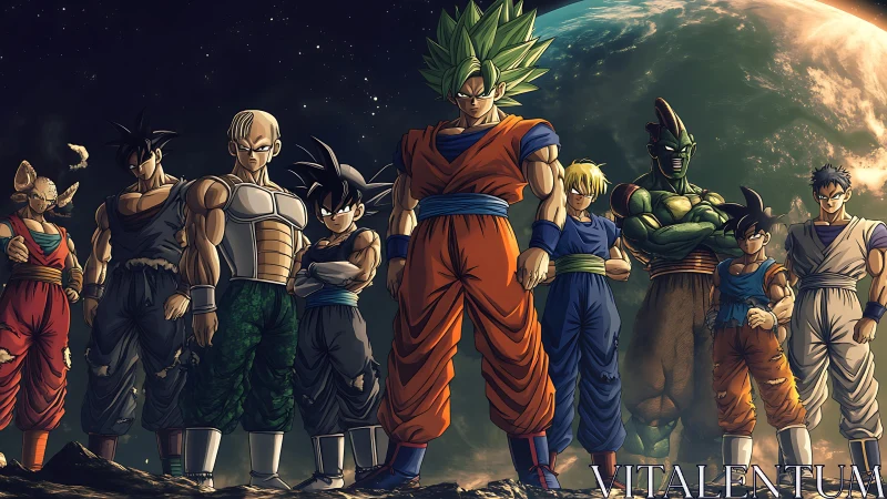 Anime warriors lineup before planet backdrop at night.