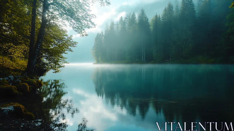 Serene Mountain Lake Morning Emerges Through Misty Forest