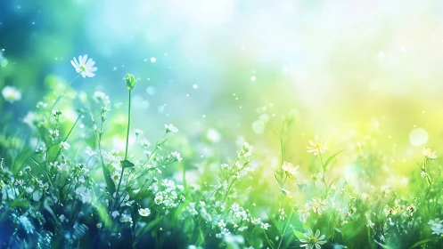 Ethereal wildflower meadow with bokeh light and soft focus diffusion technique.
