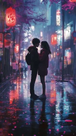 Neon-soaked city street romance under soft night rain.