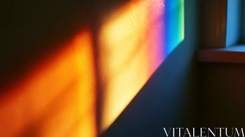 Prismatic window glow splashes rainbow color across quiet wall.
