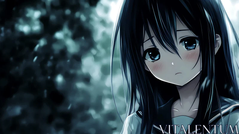 Melancholic anime schoolgirl in soft blue forest light.