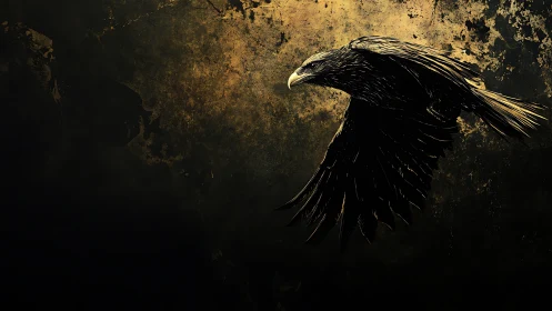 Golden-lit eagle cuts through a rugged, shadowed sky