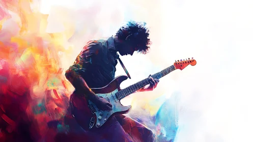 Color-swirled guitarist riding a wave of electric sound.