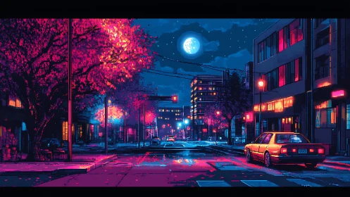 Midnight city crossroads glowing in neon moonlight.