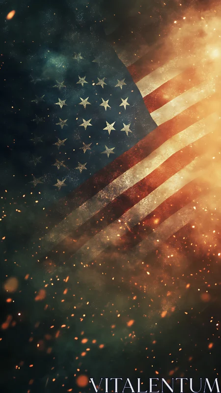 American flag with glowing embers and drifting smoke.