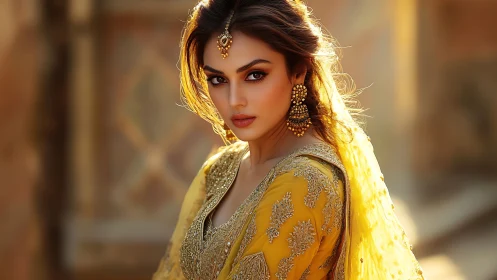 Golden gaze in embroidered dawnlight, poised in quiet fire.