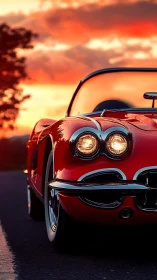 Low-angle sunset view isolates classic red roadster front profile