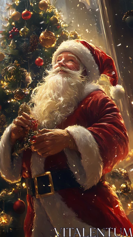 Festive Santa Claus portrait beside radiant Christmas tree.