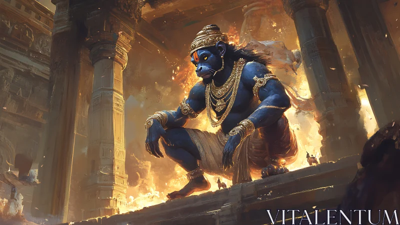 Blue warrior deity crouched in burning ancient temple.