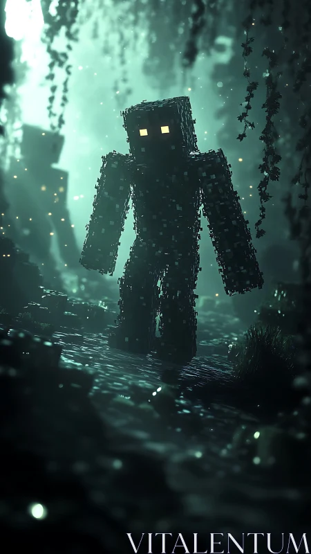 Voxel golem strides through bioluminescent jungle gloom.
