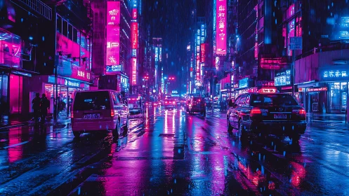 Cyberpunk neon rainstreet with reflective wet asphalt surface.