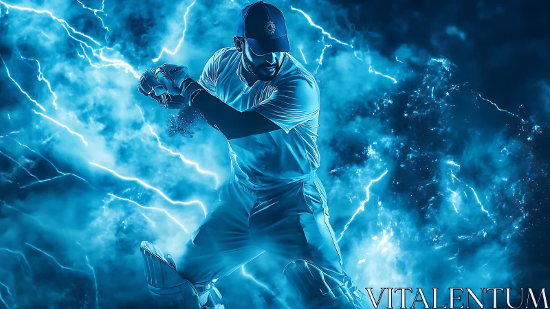 Cricket batter swings amid electric blue lightning storm.