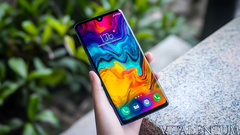 Smartphone with vibrant fluid gradient display in outdoor setting