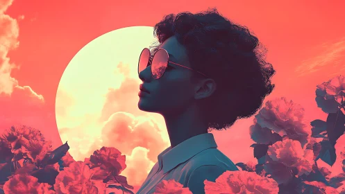 Silhouetted woman in sunglasses faces stylized sun and flowers