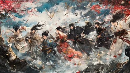 Warrior group in flowing robes crossing stormy sky.