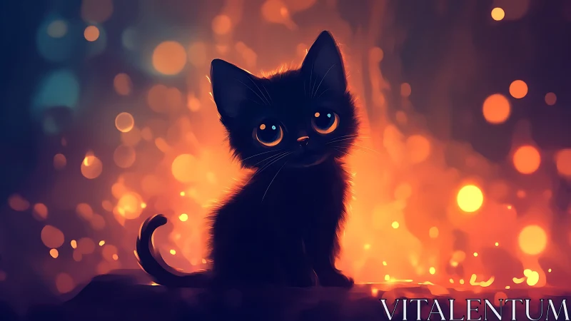 Silhouetted Black Felid with Luminous Amber Iridescence, Bokeh-Rendered Ambient.