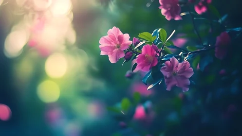Pink Blossoms Glowing in Garden Light