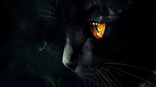 Digital painting profile of a black cat with molten amber eye.
