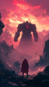 Lone warrior confronts colossal mech under burning sky.