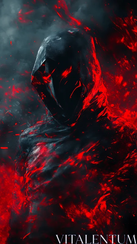 Shrouded fire spirit rises in swirling red and shadow