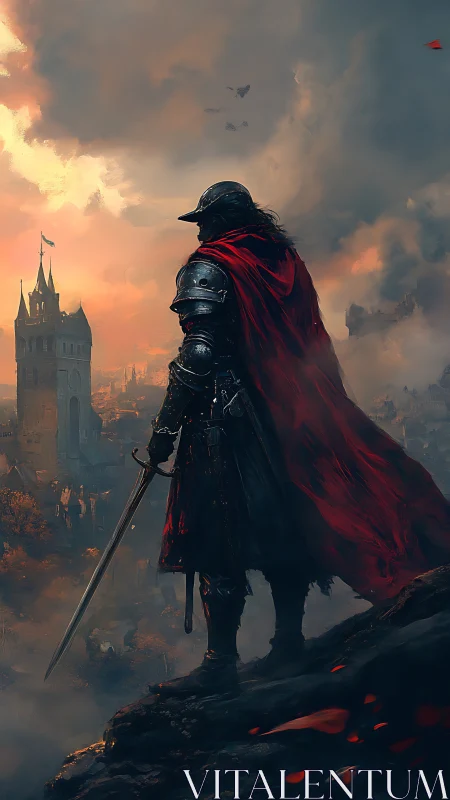 Armored knight overlooking fortified city at sunset.