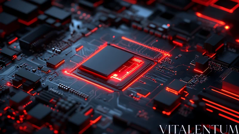 Glowing red circuit board celebrates the energy of computing