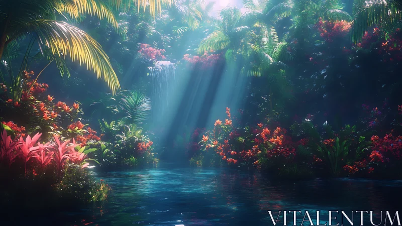 Radiant volumetric light over chromatic jungle cascade.