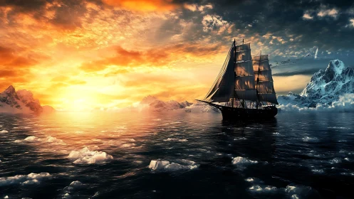 Sailing vessel in polar sea under intense sunset sky.