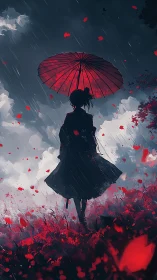 Digital painting silhouette under crimson umbrella in rainstorm.