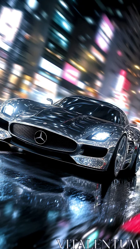 Chrome Mercedes sports car racing through neon city street.