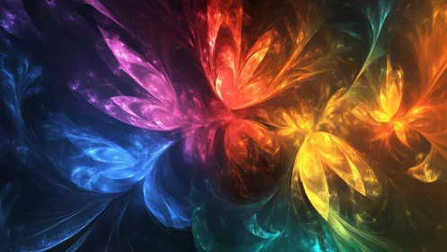 Shimmering cosmic petals swirling in a rainbow bloom.