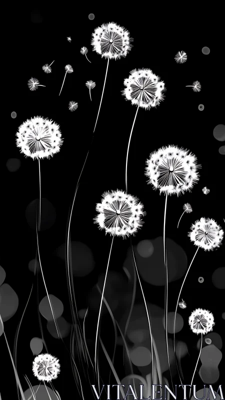 Dandelions in Monochrome: White Seeds Against Black Sky.