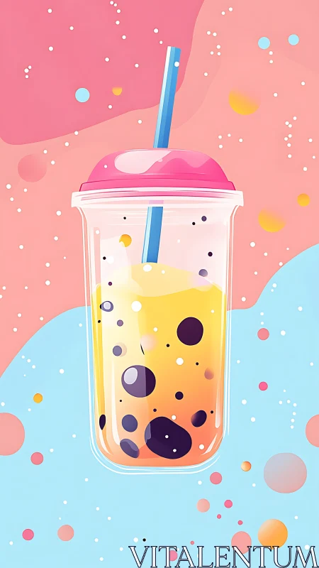 Playful bubble tea cup glows against a pastel candy sky