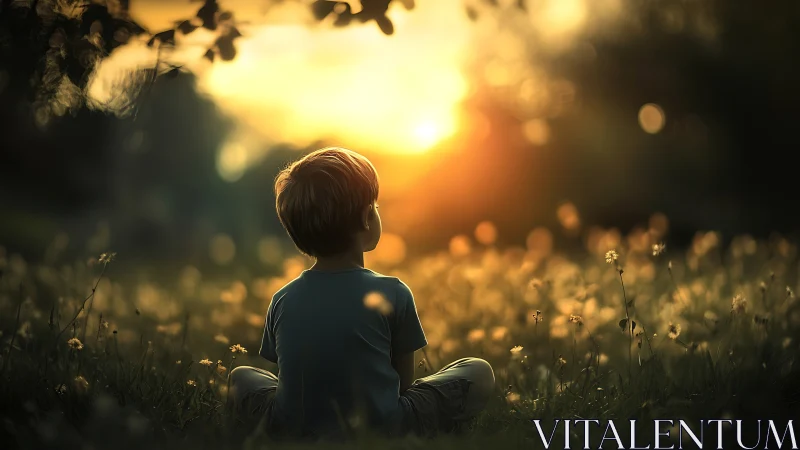 Child watches glowing sunset across tranquil meadow field.