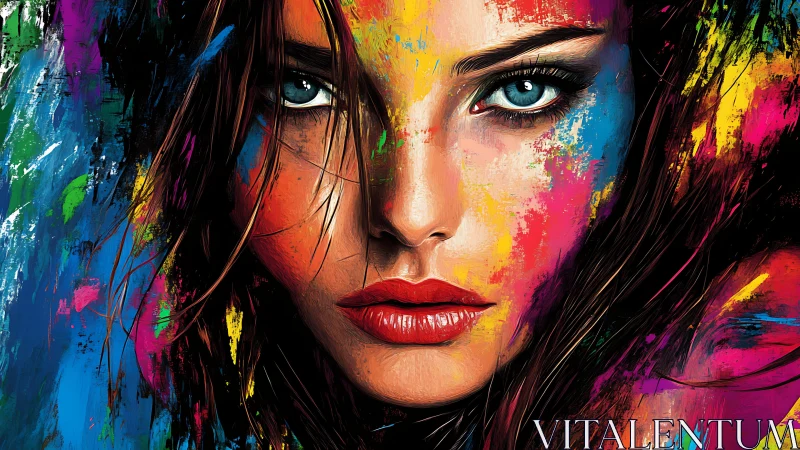 Vivid female portrait merges realism with explosive color fields.