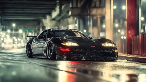 Midnight street predator Corvette under neon overpass glow.