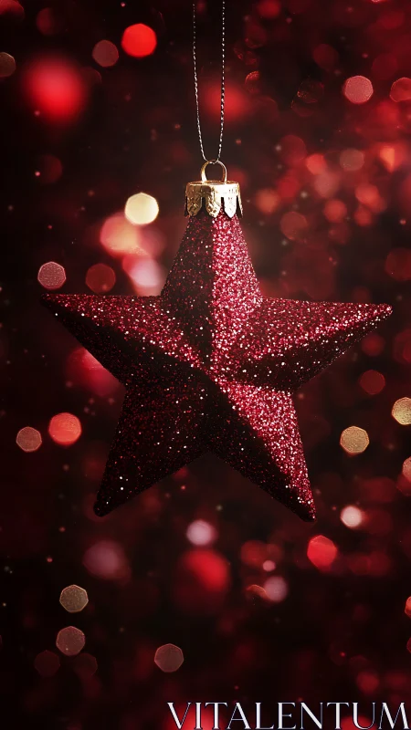 Red glitter star ornament hangs against blurred red lights