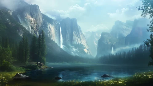Majestic alpine valley unfolds around a misty waterfall lake