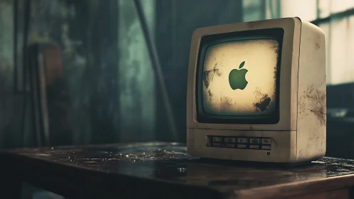 Dusty retro monitor quietly worships a glowing apple logo