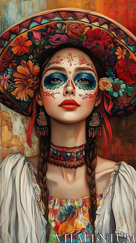 Portrait depicts woman in floral hat with stylized face paint