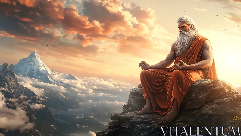 Mountain sage in orange robes meditating above cloud peaks.