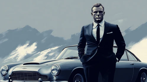 Stylish suited man stands before classic silver car.