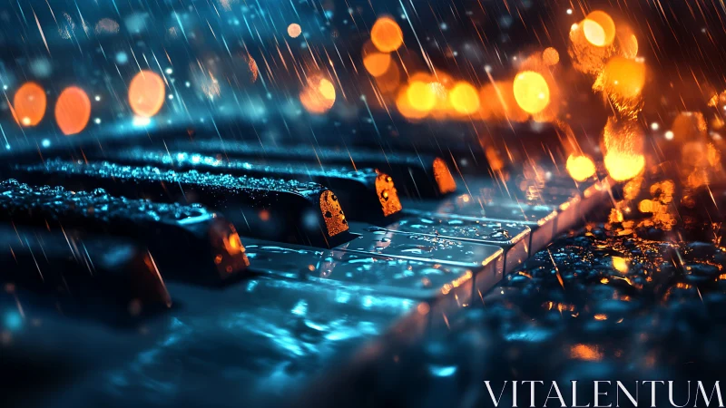 Midnight rain on piano keys glowing with city lights.