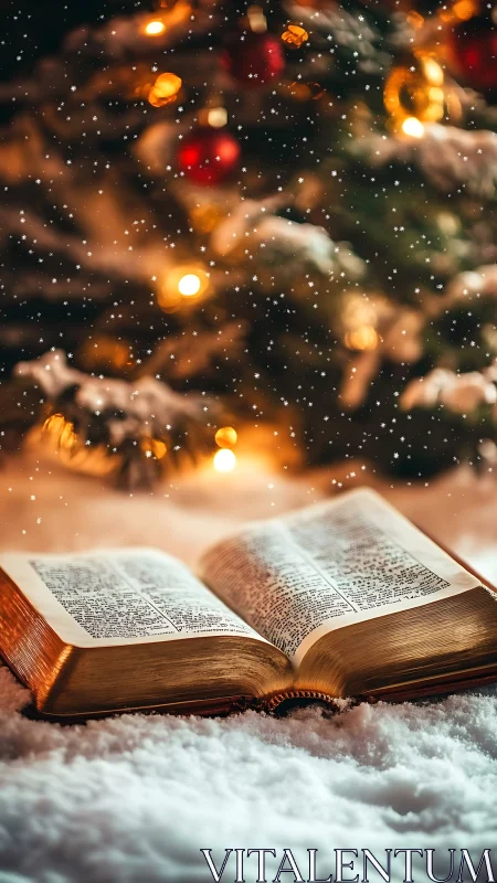 Open book in snow before decorated tree with lights.
