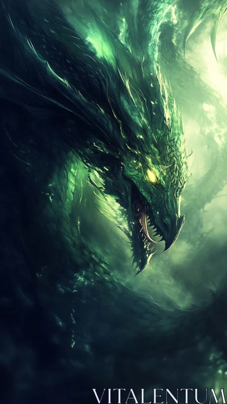 Emerald storm dragon swirling through mist and moonlight.