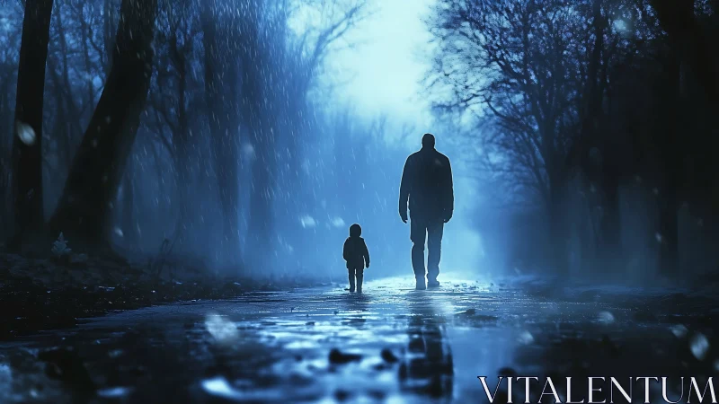 Silhouetted adult and child on wet forest road under blue rain