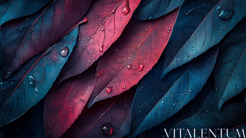 Water droplets rest on red and blue leaves in tight pattern